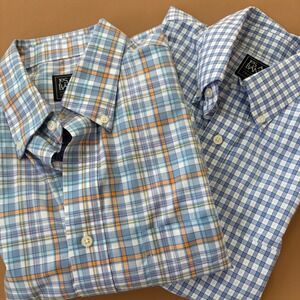 x2 Jos A Bank Traveler Short Sleeve Button Down Shirt Mens Size L Blue Plaid S/S